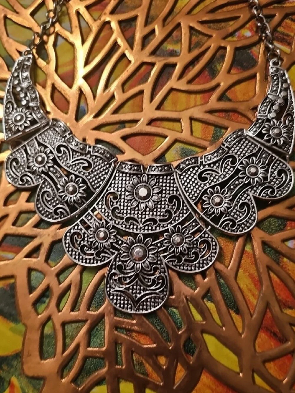 Intricate Silver Floral Bib Necklace with Matching Earrings